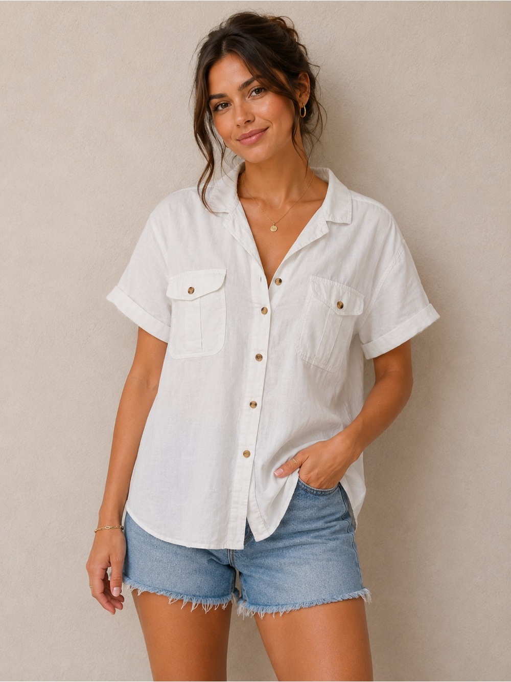 Vintage Cymbrion White Ramie Cotton Button Front Shirt Size 14